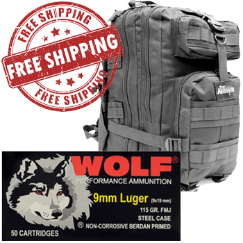 9mm Luger 115gr FMJ Wolf Ammo - 500rds + BLACK BACKPACK & FREE SHIPPING